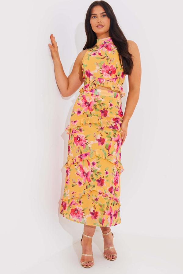 in the style In the Style Floral Chiffon Halter Co-Ord Crop Top Lemon