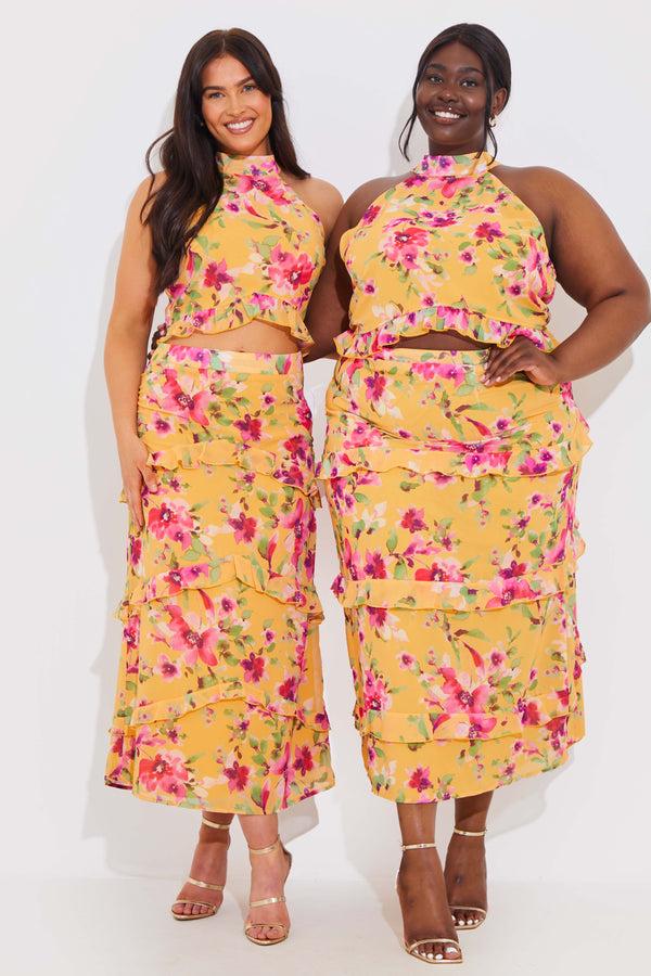 In The Style In The Style Floral Chiffon Maxi Co-Ord Skirt Lemon