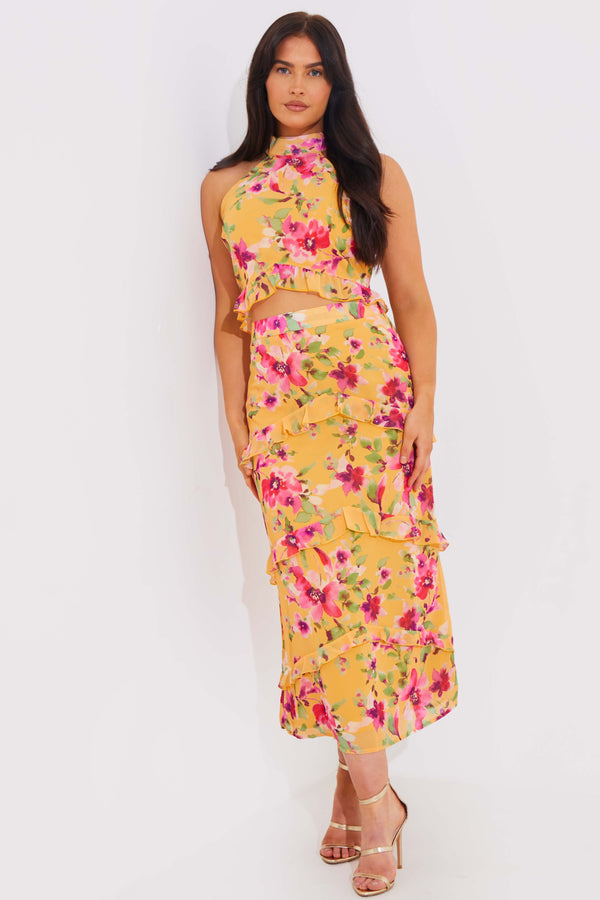 in the style In the Style Floral Chiffon Maxi Co-Ord Skirt Lemon