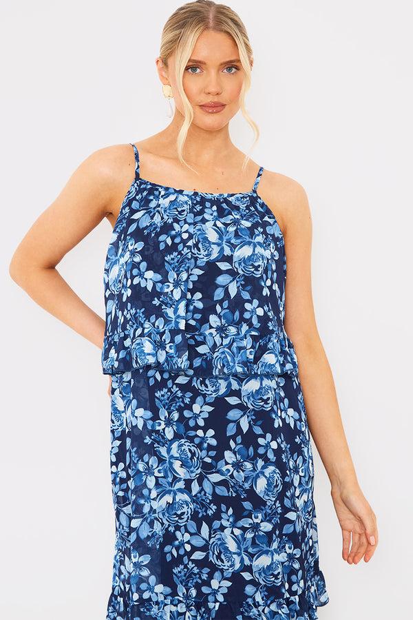 In The Style In The Style Floral Chiffon Tiered Frill Detail Midaxi Dress Blue