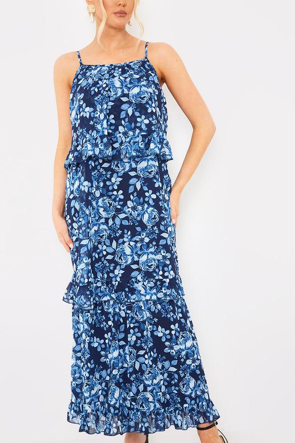 In The Style In The Style Floral Chiffon Tiered Frill Detail Midaxi Dress Blue