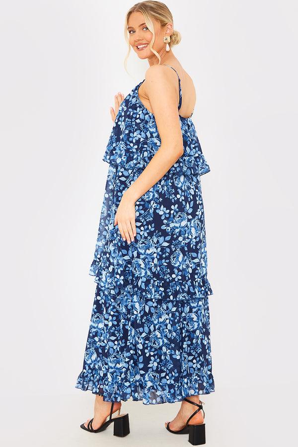 In The Style In The Style Floral Chiffon Tiered Frill Detail Midaxi Dress Blue