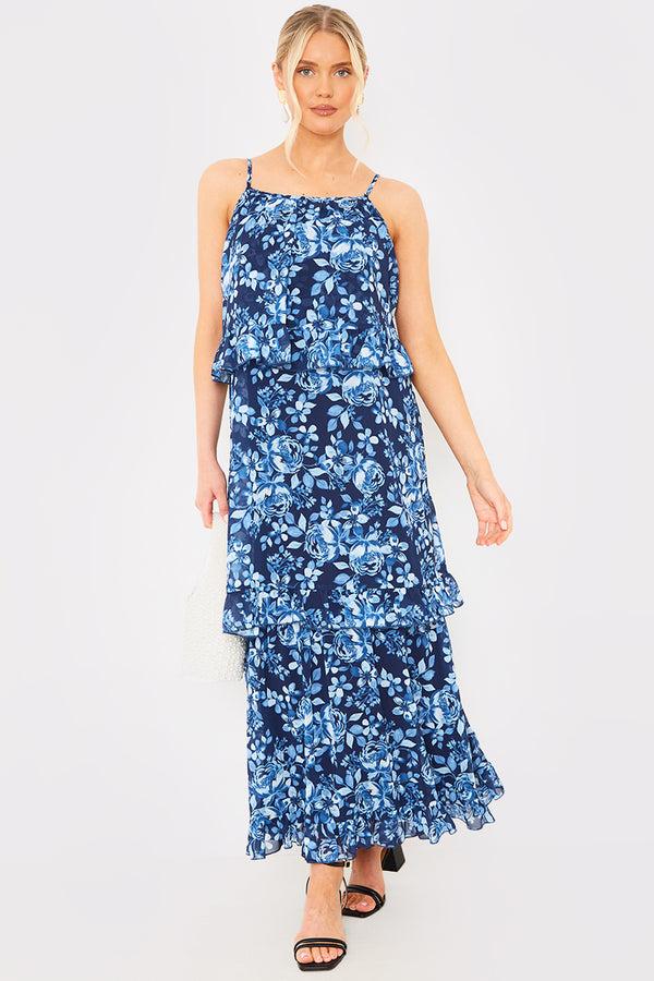 in the style In the Style Floral Chiffon Tiered Frill Detail Midaxi Dress Blue