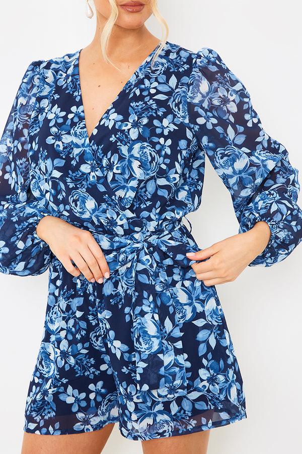 In The Style In The Style Floral Chiffon Wrap Belted Balloon Sleeve Playsuit Blue
