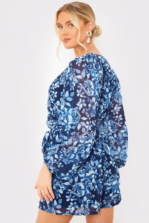 In The Style In The Style Floral Chiffon Wrap Belted Balloon Sleeve Playsuit Blue