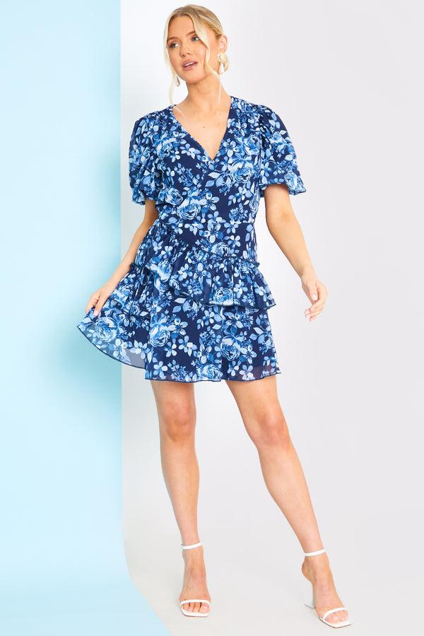 In The Style In The Style Floral Chiffon Wrap Detail Mini Dress Blue
