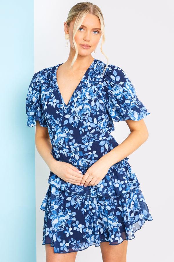 in the style In the Style Floral Chiffon Wrap Detail Mini Dress Blue