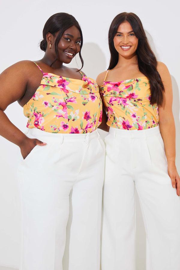 In The Style In The Style Floral Drape Bodysuit Lemon