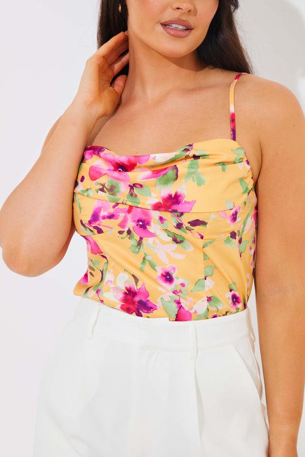 In The Style In The Style Floral Drape Bodysuit Lemon