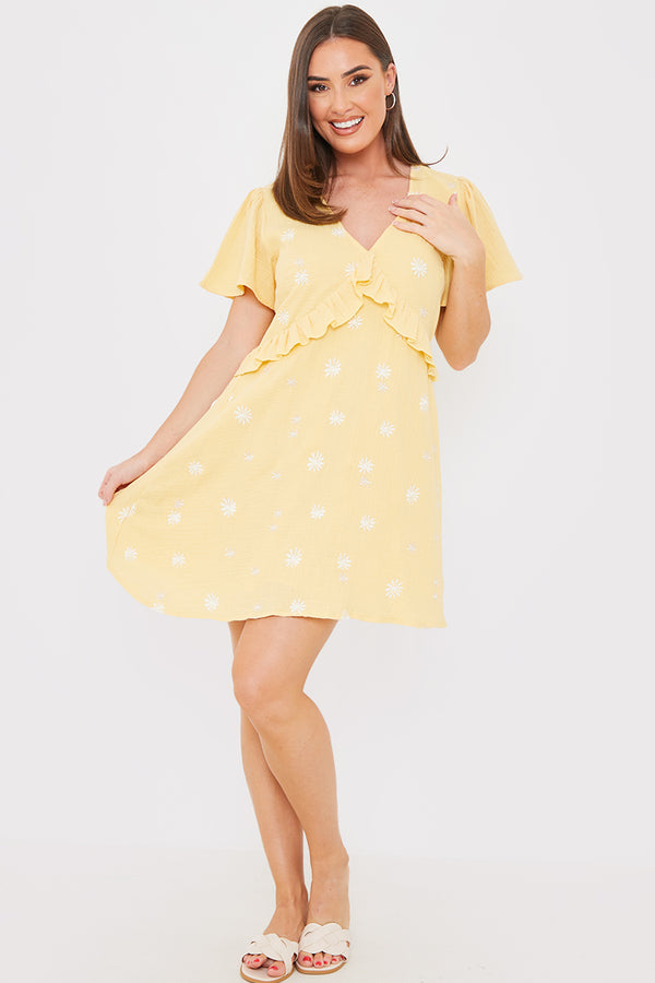 In The Style In The Style Floral Embroidered Frill Detail Mini Dress Yellow