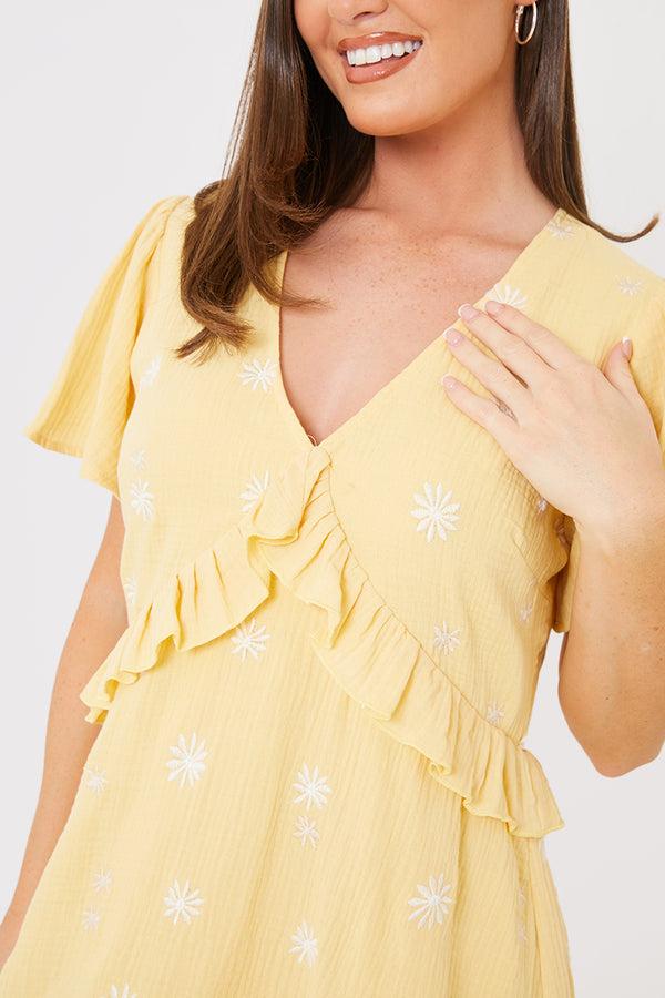 In The Style In The Style Floral Embroidered Frill Detail Mini Dress Yellow