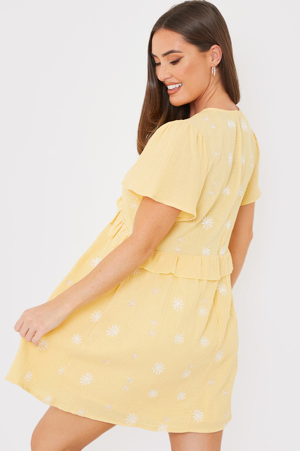 In The Style In The Style Floral Embroidered Frill Detail Mini Dress Yellow