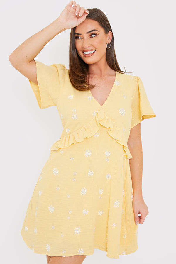 in the style In the Style Floral Embroidered Frill Detail Mini Dress Yellow