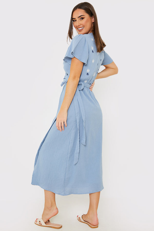 In The Style In The Style Floral Embroidered Wrap Midi Dress Blue