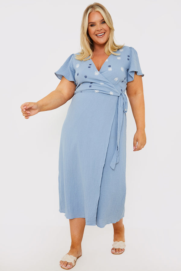 In The Style In The Style Floral Embroidered Wrap Midi Dress Blue