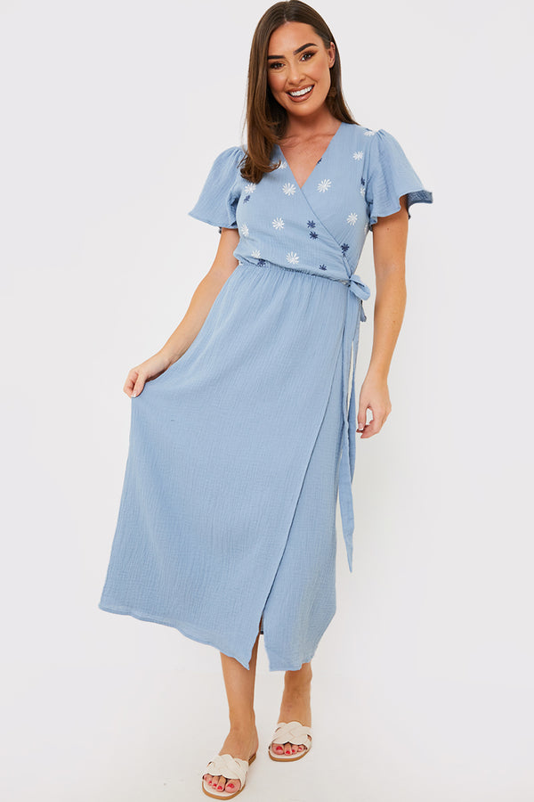 in the style In the Style Floral Embroidered Wrap Midi Dress Blue