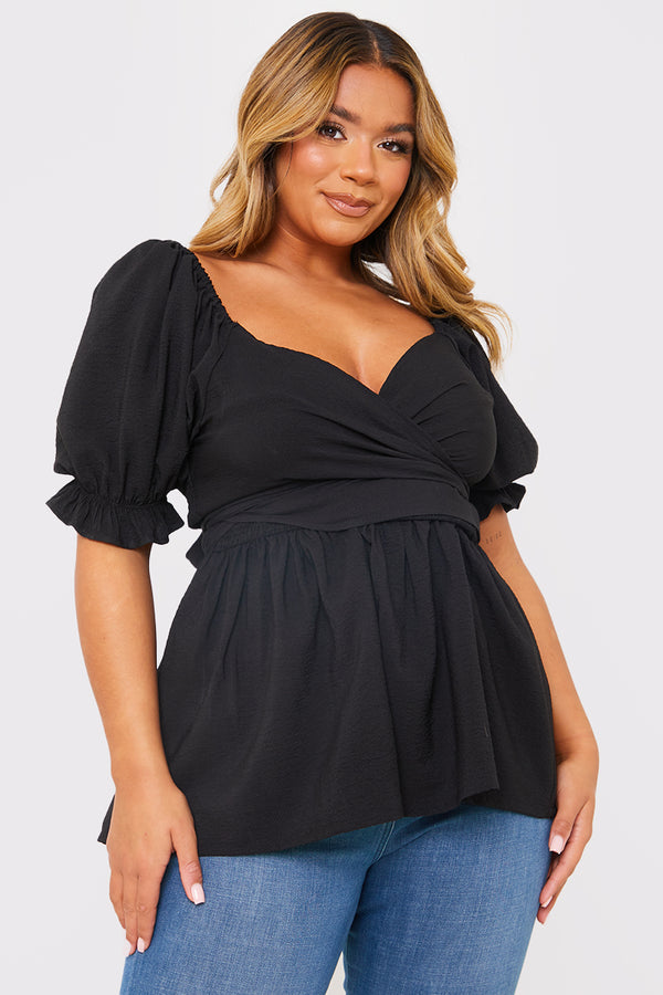 in the style In The Style Floral Embroidered Wrap Top Black