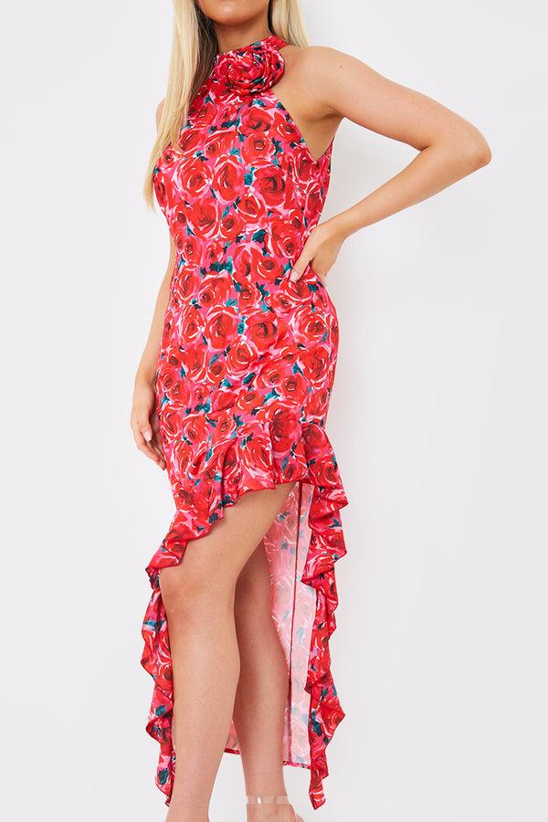 In The Style In The Style Floral High Neck Corsage Asymmetric Midaxi Dress Pink