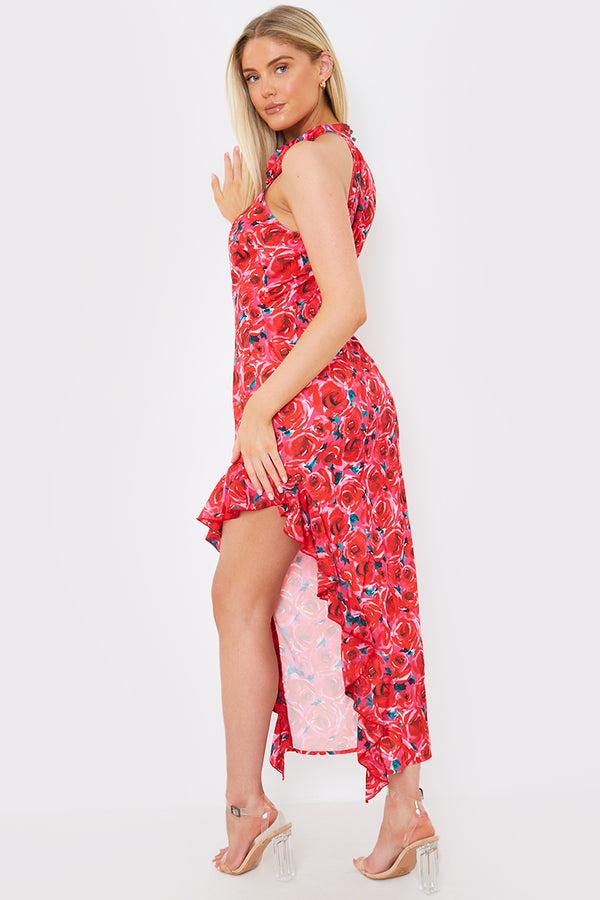 In The Style In The Style Floral High Neck Corsage Asymmetric Midaxi Dress Pink