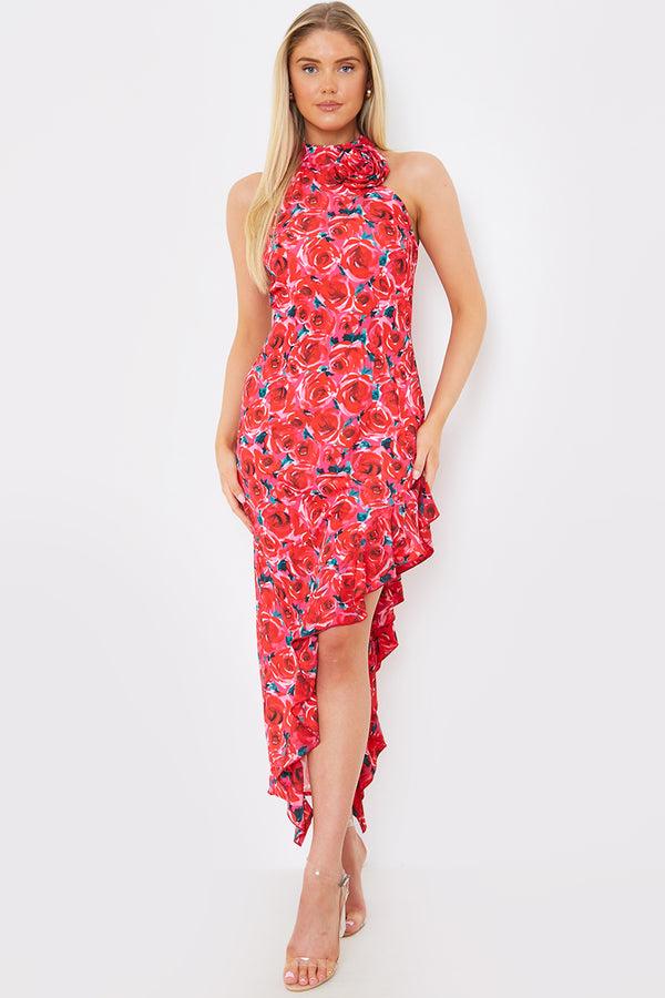 in the style In the Style Floral High Neck Corsage Asymmetric Midaxi Dress Pink