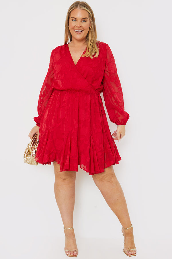 In The Style In The Style Floral Jacquard Chiffon Wrap Detail Mini Dress Red