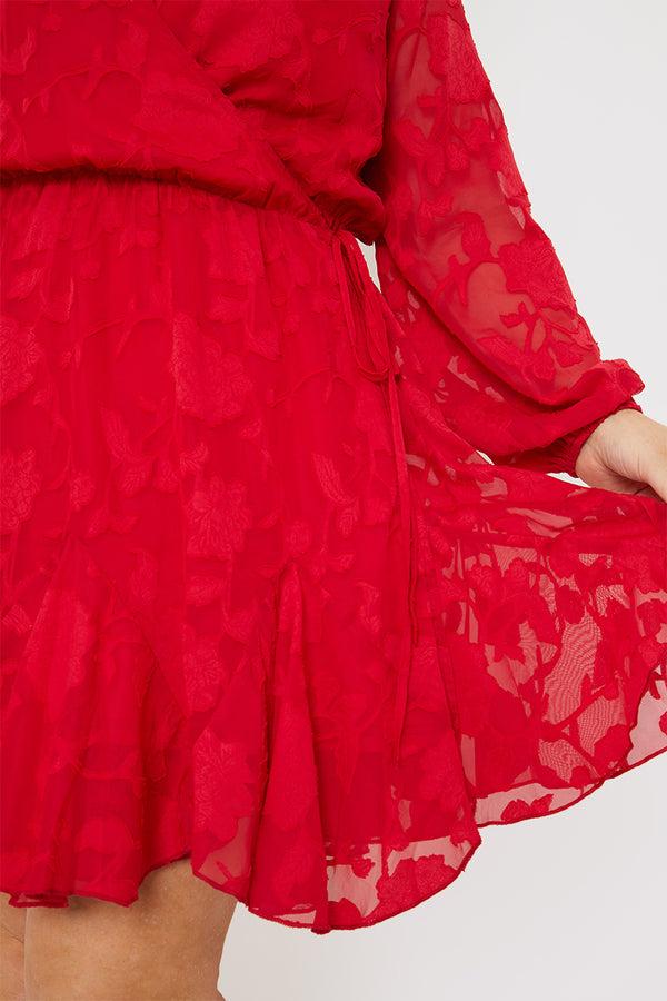 In The Style In The Style Floral Jacquard Chiffon Wrap Detail Mini Dress Red