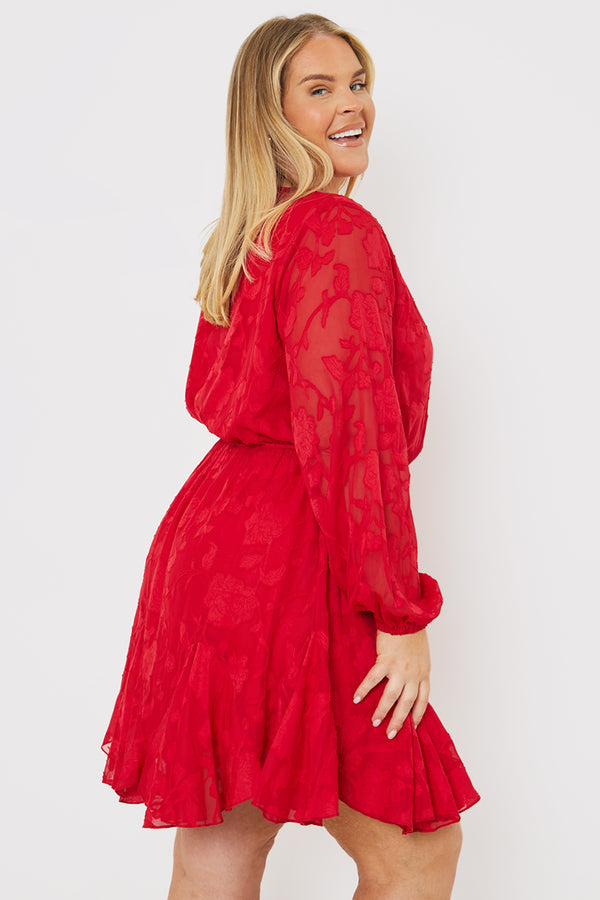 In The Style In The Style Floral Jacquard Chiffon Wrap Detail Mini Dress Red