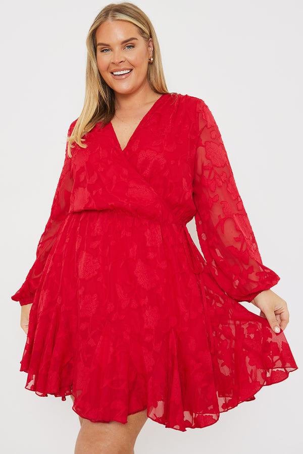 in the style In the Style Floral Jacquard Chiffon Wrap Detail Mini Dress Red