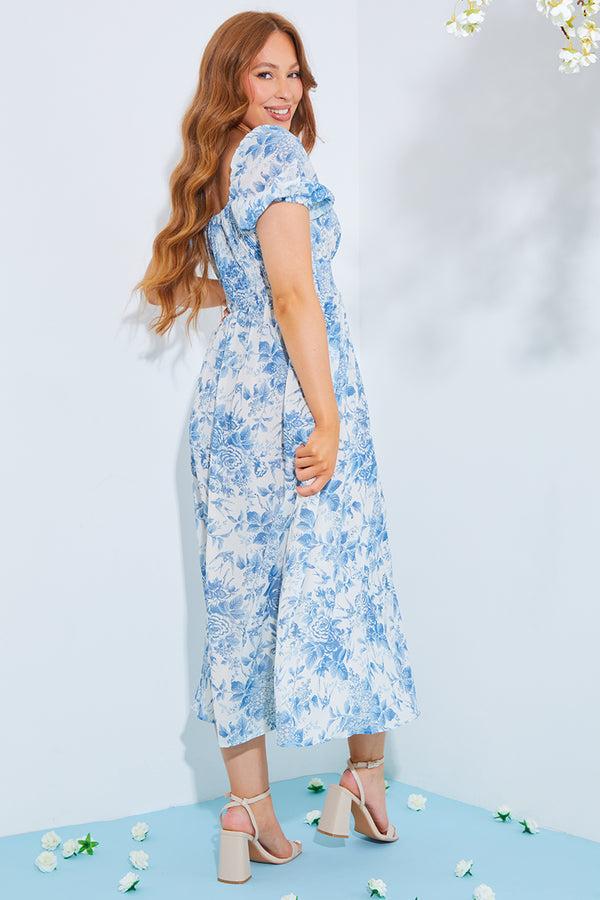 In The Style In The Style Floral Milkmaid Midi Dress Blue