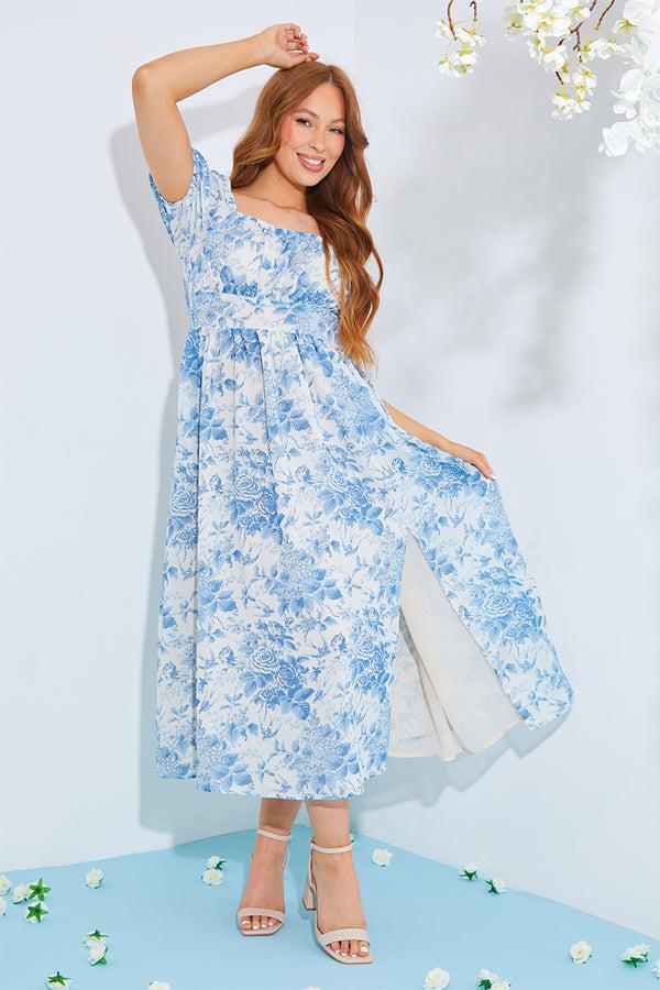 in the style In The Style Floral Milkmaid Midi Dress Blue