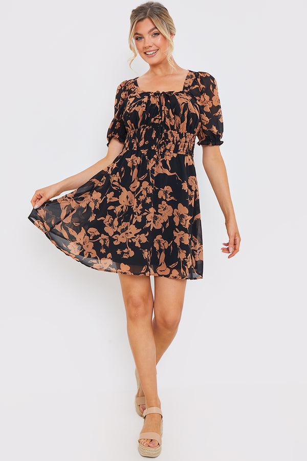 In The Style In The Style Floral Milkmaid Mini Dress Brown