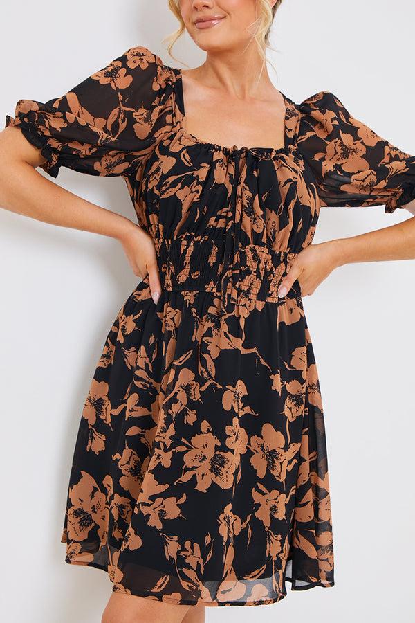 In The Style In The Style Floral Milkmaid Mini Dress Brown