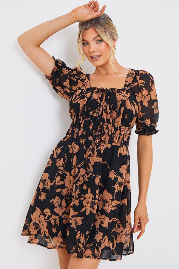 in the style In the Style Floral Milkmaid Mini Dress Brown