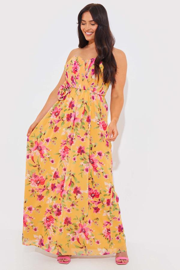 In The Style In The Style Floral Plisse Bandeau Maxi Dress With Removable Corsage Yellow