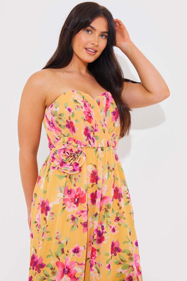 In The Style In The Style Floral Plisse Bandeau Maxi Dress With Removable Corsage Yellow