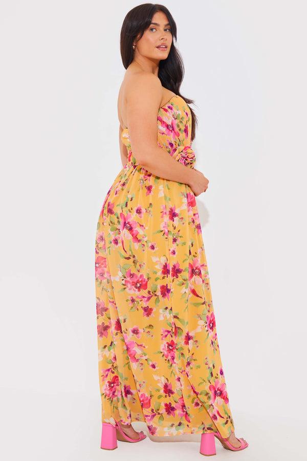 In The Style In The Style Floral Plisse Bandeau Maxi Dress With Removable Corsage Yellow