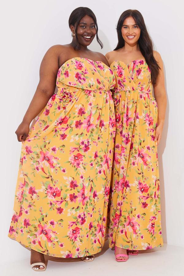 in the style In the Style Floral Plisse Bandeau Maxi Dress With Removable Corsage Yellow