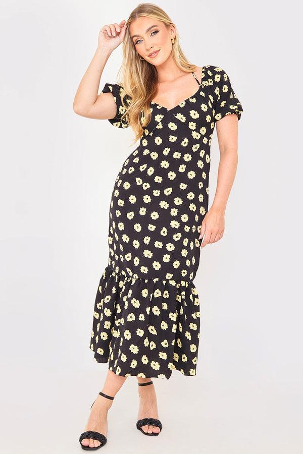 In The Style In The Style Floral Plunge Short Sleeve Midi Dress Black