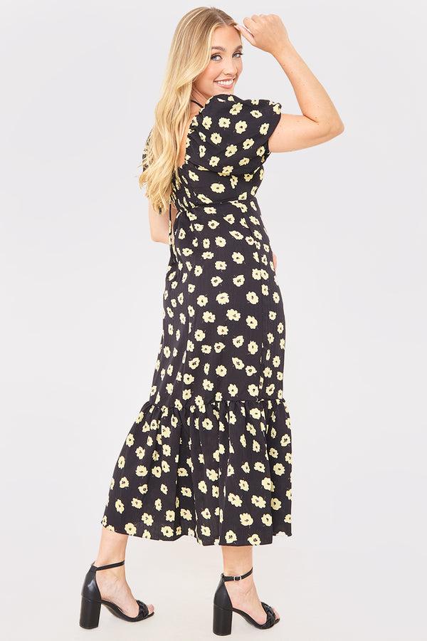 In The Style In The Style Floral Plunge Short Sleeve Midi Dress Black