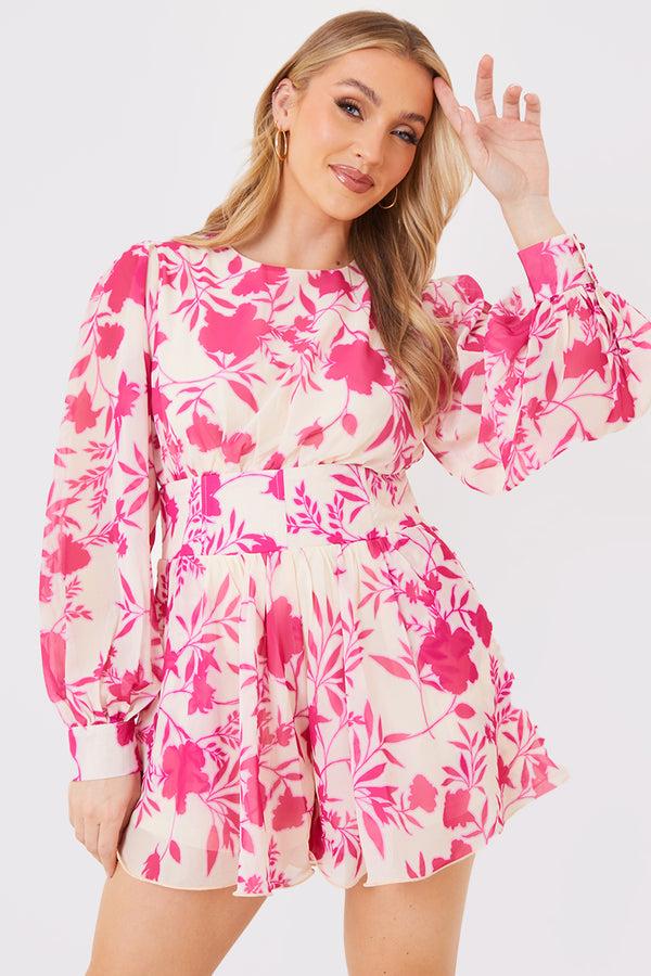 in the style In the Style Floral Print Corseted Exaggerated Hem Playsuit Pink