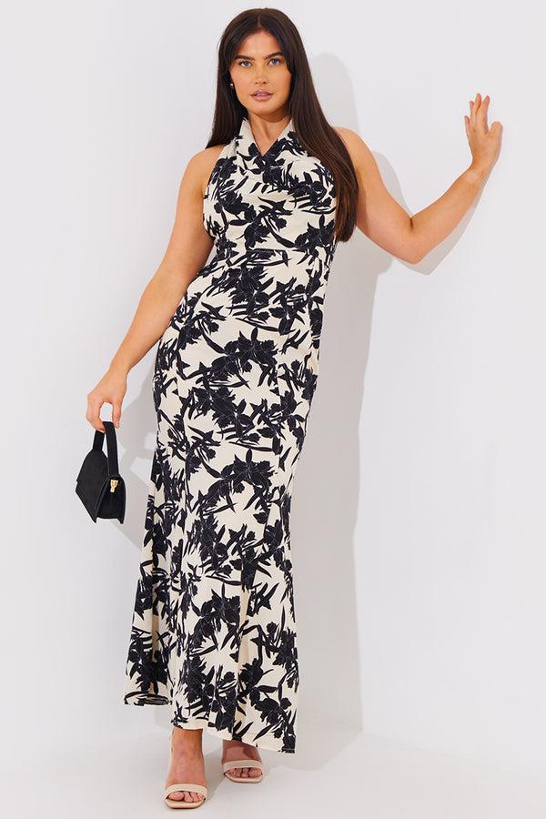 in the style In the Style Floral Print Cowl Neck Maxi Dress Stone