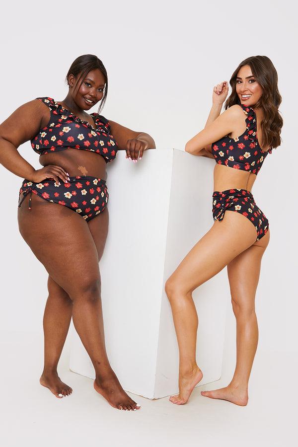 In The Style In The Style Floral Print Drawstring Bikini Bottom Black