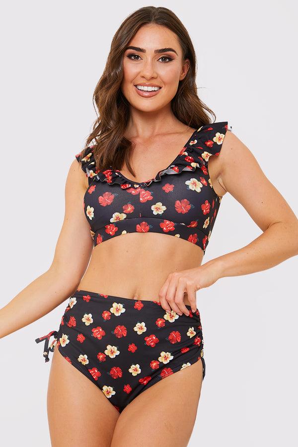 in the style In the Style Floral Print Drawstring Bikini Bottom Black