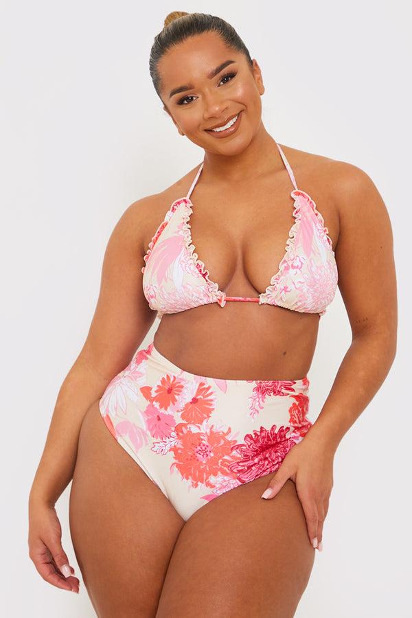 in the style In the Style Floral Print Frill Triangle Bikini Top Pink
