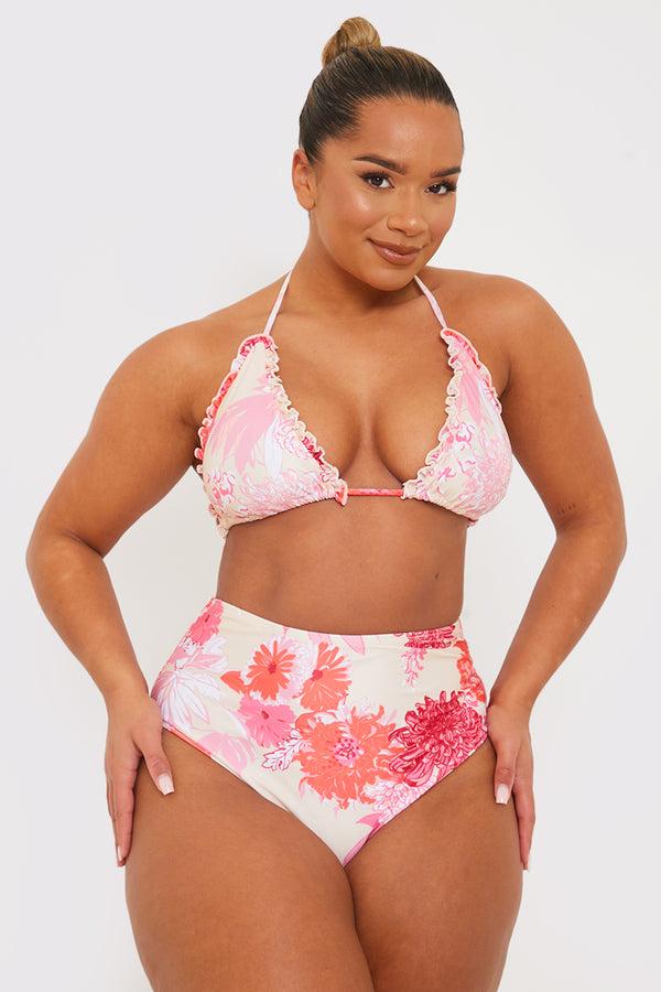 In The Style In The Style Floral Print High Waisted Bikini Bottom Pink