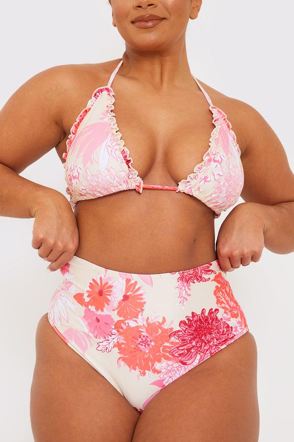 In The Style In The Style Floral Print High Waisted Bikini Bottom Pink