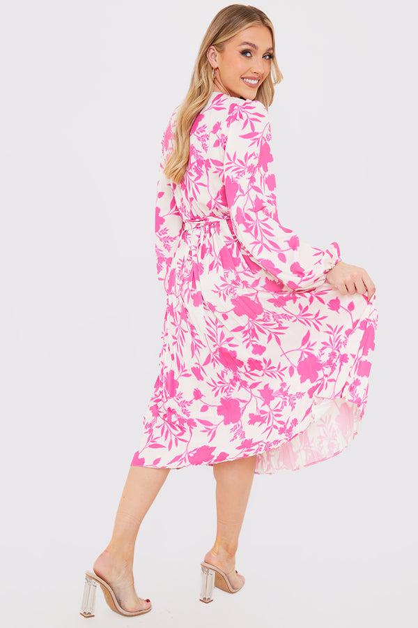In The Style In The Style Floral Print Long Sleeve Pleated Midi Dress Pink