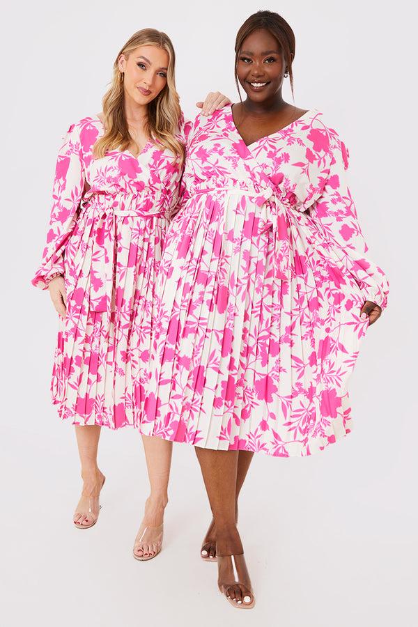 In The Style In The Style Floral Print Long Sleeve Pleated Midi Dress Pink