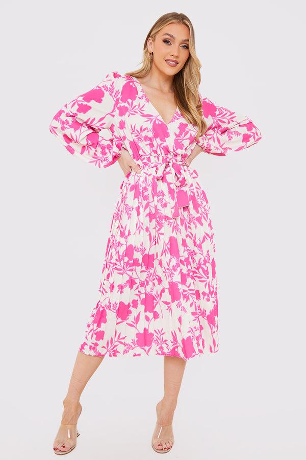 in the style In the Style Floral Print Long Sleeve Pleated Midi Dress Pink