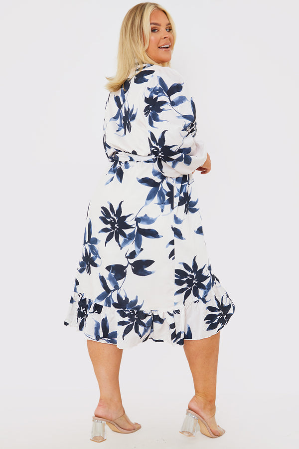In The Style In The Style Floral Print Long Sleeve Wrap Frill Detail Midi Dress Cream